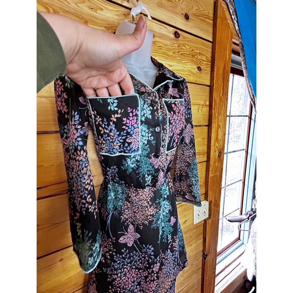 Vintage Sears Butterfly‎ Floral Print Dress Long Sleeve Elastic Waist Black Pink - Picture 4 of 12